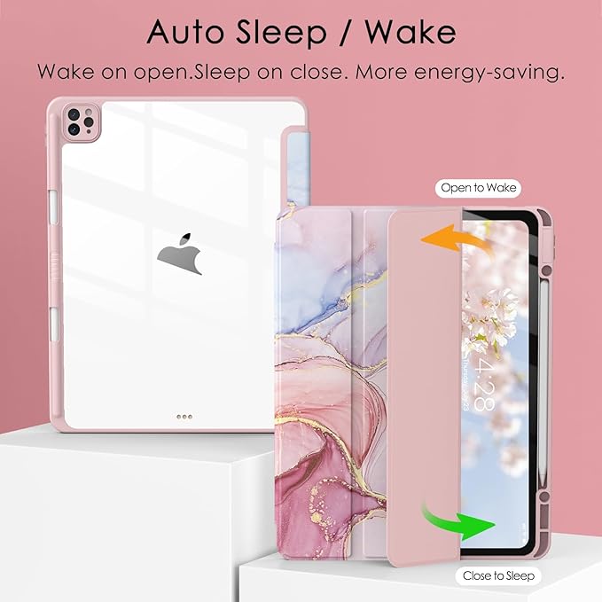 Soke Case for iPad Pro 12.9 Inch (6th/5th/4th/3rd Generation, 2022/2021/2020/2018) - Pencil Holder + Auto Sleep/Wake + Camera Protection, Transparent Shockproof Back Cover, Dreamy Marble