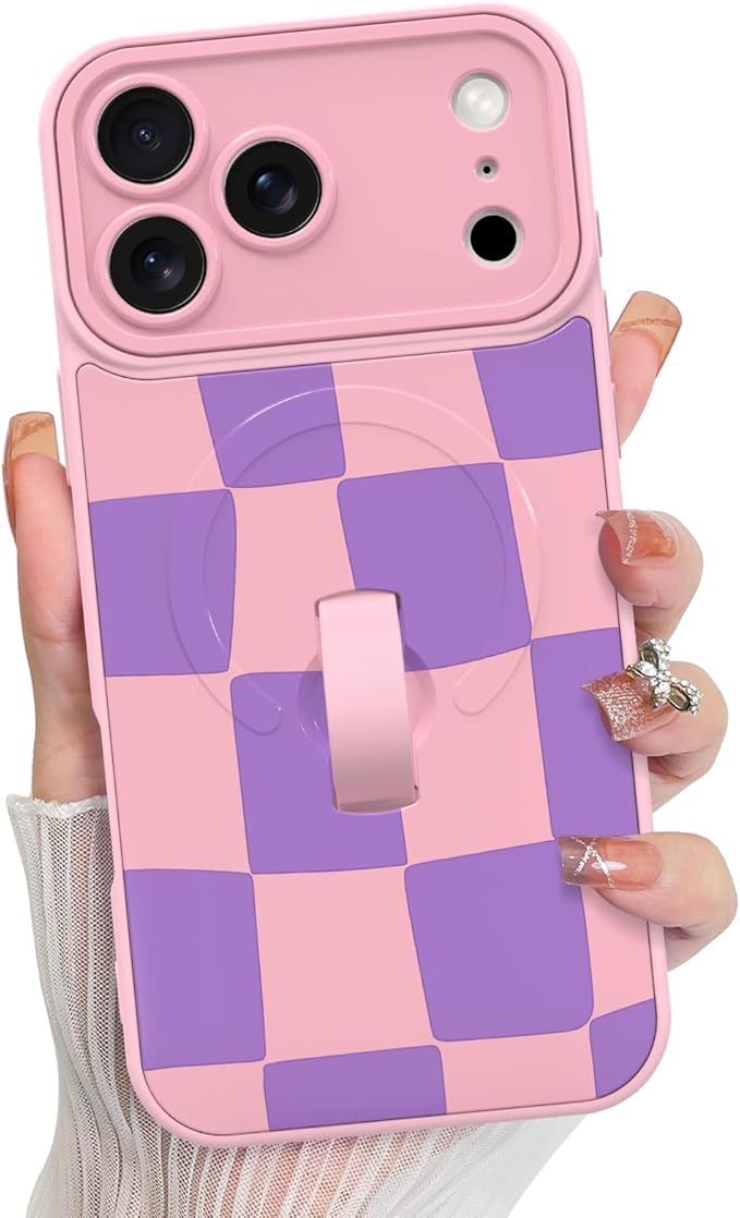 KANGHAR Compatible with iPhone 17 Pro Case, Support for MagSafe, Silicone Checkered Cute Pattern, Wristband Kickstand Camera Protection Soft Slim Cover for Girls Women -Pink