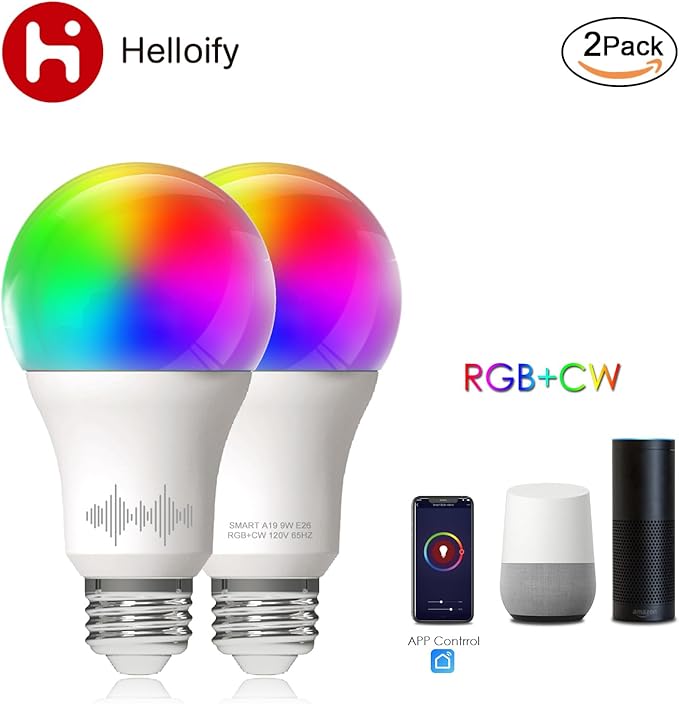 Helloify A19 Smart WiFi LED Light Bulbs, RGBCW Multi-Color Changing, Warm to Cool White Dimmable, Compatible with Alexa & Google Home (No Hub), 60W Equivalent E26, RGB+2700K-6500K, 2 Count