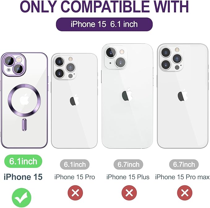 Hython Magnetic Clear for iPhone 15 Case with Camera Lens Protector [Compatible with MagSafe] Luxury Plating Edge Slim Soft TPU Cover Protective Phone Case for iPhone 15 6.1", Deep Purple