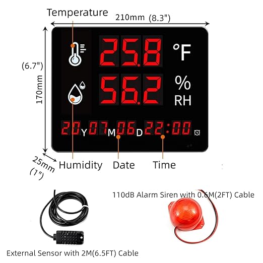 Large Display Thermometer Big Temperature Warning Light – Max Min to Monitor High and Low Temperature Humidity Sensor Alarm Alert, Thermometer Hygrometer Warning with Time & Date