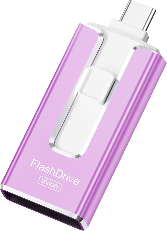 MFi Certified 256GB Flash Drive for iPhone, 3 in 1 Type-C USB Memory Stick Thumb Drive for Photos Videos, High Speed External Memory Storage Photo Stick for iPhone iPad Android PC (Purple)