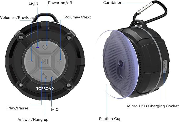 Portable Shower Speaker, IPX7 Waterproof Wireless Outdoor Speaker with HD Sound, 2 Suction Cups, Built-in Mic, Hands-Free Speakerphone for Bathroom, Pool, Beach, Hiking, Bicycle(Grey)