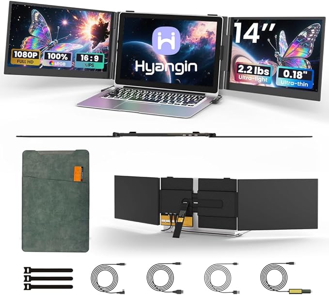 Hyangin Triple Laptop Screen Extender 14-inch, 2026 Upgraded Ultra-Slim 1080P FHD Displays for Laptop, Ultra-Light Triple Monitor for 13.3-17.3" Laptops, Compatible with Windows/Mac/Chrome OS/Phones