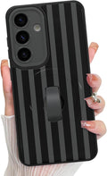 KANGHAR Compatible with Samsung Galaxy S25 Case, Support for MagSafe, Silicone Stripes Cute Pattern, Wristband Kickstand Camera Protection Soft Slim Cover for Girls Women -Black