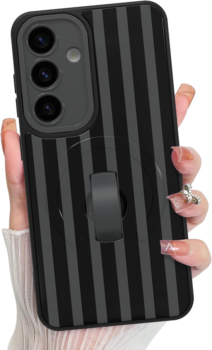KANGHAR Compatible with Samsung Galaxy S25 Case, Support for MagSafe, Silicone Stripes Cute Pattern, Wristband Kickstand Camera Protection Soft Slim Cover for Girls Women -Black