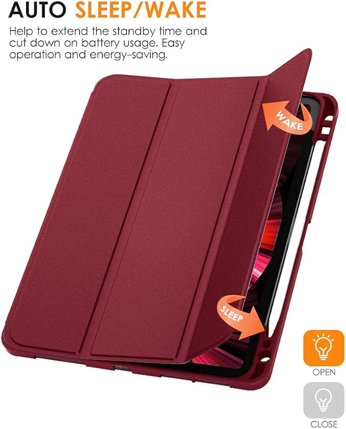 DTTO for iPad Pro 11 inch 4th/3rd/2nd/1st Generation 2022/2021/2020/2018 Case, Smart Slim Trifold Stand Soft TPU Back Cover with Built-in Pencil Holder, Also Fit iPad Air 5/4,Burgundy Red