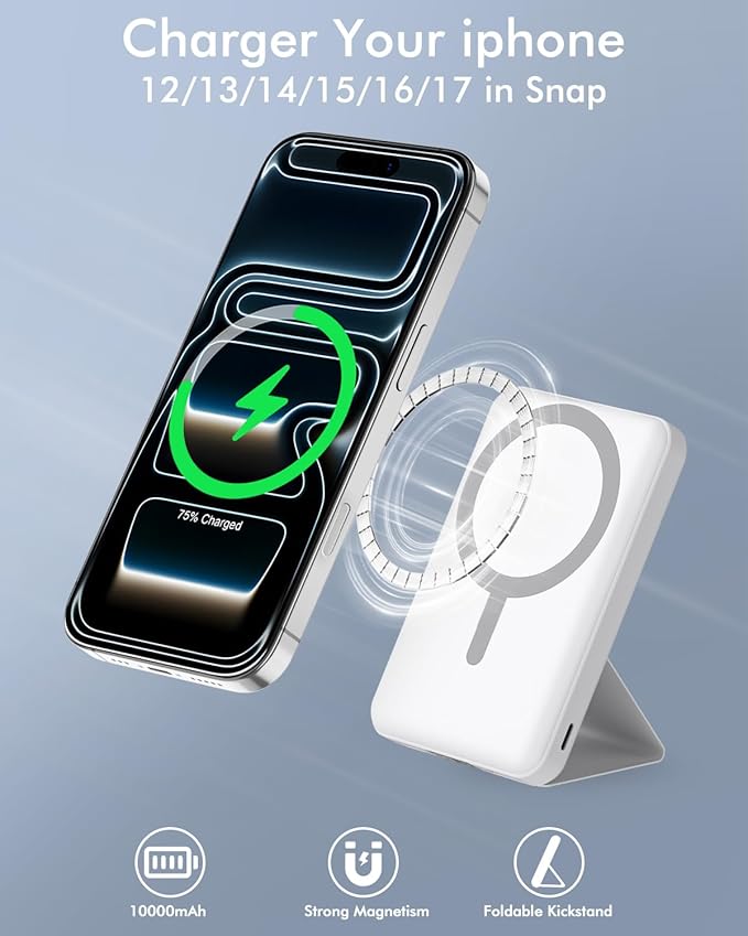 podoru for Magsafe Battery Pack, Foldable 10000mAh Magnetic Power Bank with USB-C Cable LED Display 22.5W PD Fast Charging Wireless Portable Charger for iPhone 17/16/15/14/13/12 Series-White