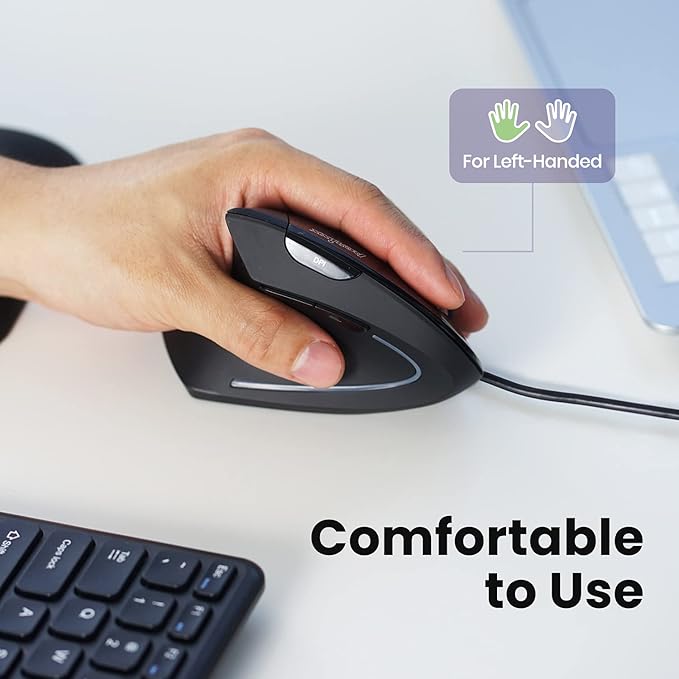 Perixx Perimice-513L Wired Vertical Ergonomic Mouse with 2 DPI, 6 Button Optical Ergo Mouse with 2 Level DPI Switch 1000 1600, Left Handed, Black