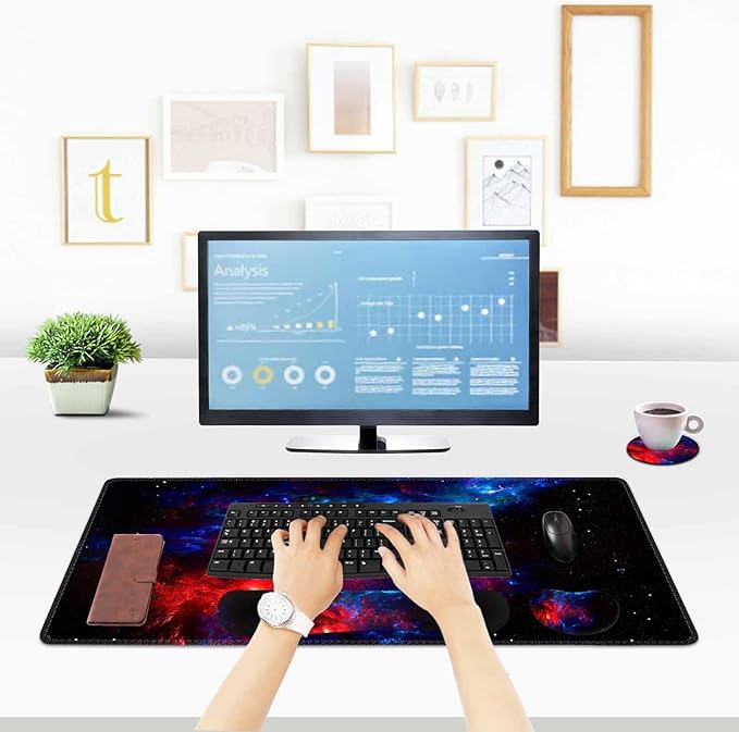 ToLuLu Extended Gaming Mouse Pad, Memory Foam Ergonomic Keyboard Mouse Wrist Rest Support Set, Large Desk Mat with Stitched Edges, Non-Slip Base Mousepad for Home Office and Game, Blue Red Galaxy