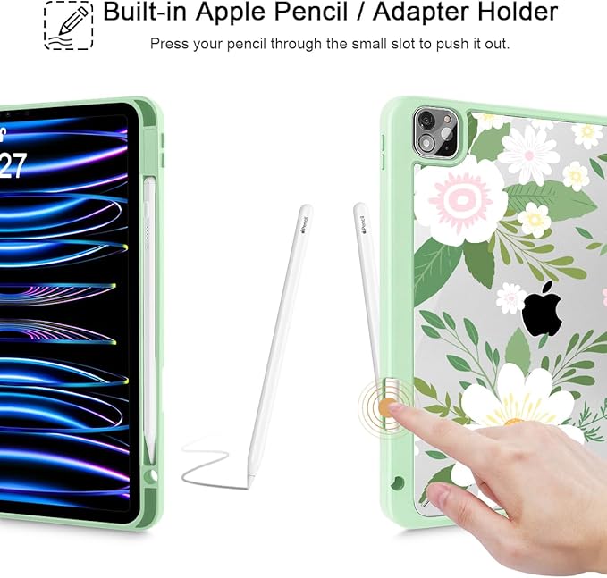 Tuiklol for iPad Pro 12.9 Inch 6th/5th/4th/3rd Generation 2022 2021 2020 2018 Case,Built-in Pencil Holder Clear Transparent Protective Back Shell Cover with Auto Sleep/Wake, Flowers Green