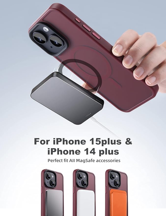 Tigowos Compatible with iPhone 15 Plus&iPhone 14 Plus Phone Case Fits MagSafe 10FT Drop Resistant Matte Skin Feeling Back Cover for iPhone 15 Plus&iPhone 14 Plus Phone Case，Red Wine