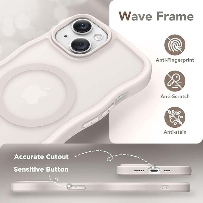 CAPRARO Cute for iPhone 13 Case & iPhone 14 Case, Compatible with MagSafe, [Curly Wave Edge] [Camera Protection] [14 FT Drop Protection] Magnetic for iPhone 13/14 6.1 Inch, Stone