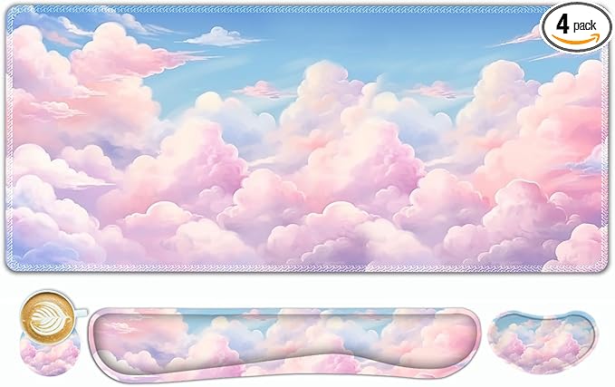 ToLuLu Large Mouse Pad Desk Pad Set, Wrist Rest Support Desk Mat for Keyboard and Mouse, 4PCS 35.4”x15.7 XXL Giant Mouse Pad, Non-Slip Base Stitched Edges Mousepad for Home Office, Dreamy Clouds