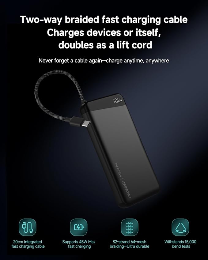 Ultra-Thin 20,000mAh Power Bank, 45W Max Fast Charging Battery Pack, Built-in USB-C Cable for iPhone 17/16 Series, Galaxy, MacBook, and More