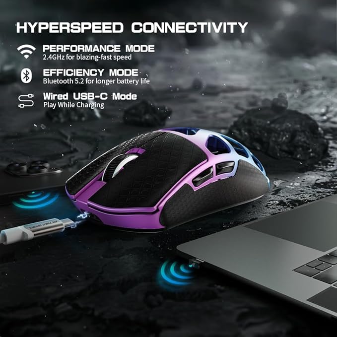 FELICON x Attack Shark R3 Magnesium Alloy Wireless Gaming Mouse, 46g Ultra-Lightweight Skeletal Shell, PAW3395 26K DPI, 8K Polling, Tri-Mode 2.4G/BT/Wired, for PC Mac Laptop - Purple & Griptape