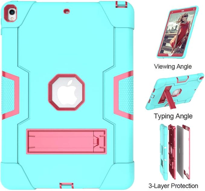 Dteck for iPad Air 3rd Gen (2019) / iPad Pro (2017) Case 10.5", Shockproof Protective Case with Kickstand, Hard Plastic Shell, 3-Layer Protection Drop Proof Sturdy Rugged Tablet Cover (Aqua+Rose)