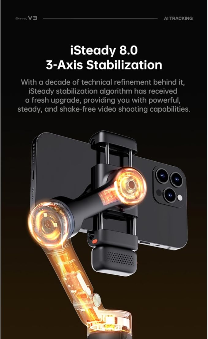 hohem Gimbal Stabilizer for Smartphone iSteady V3,Portable Phone Stabilizers with Al Tracker Detachable Remote Control Built-in Extension Rod/Tripod 3-Axis Stabilization 3-Color Fill Light