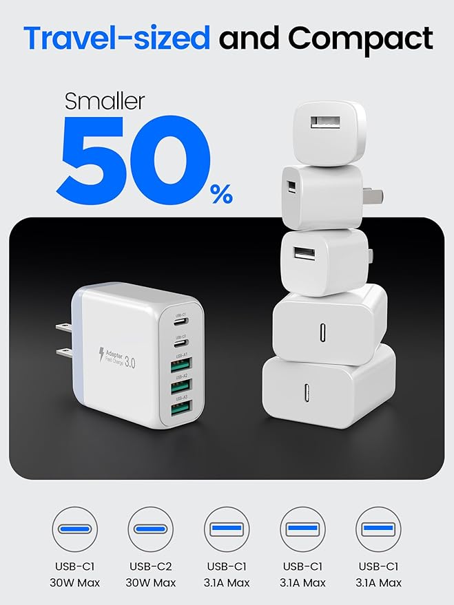 60W USB C Charger Block for iPhone 17 16 15,EIZLXQ 2-Pack USB C Wall Charger with Total 60W Max Output,10FT USB C Cable,Fast Charging Blocks for iPhone 17/16/15 Series,Galaxy,Pixel,iPad-Cream