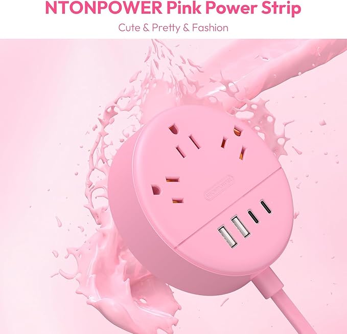 Pink 2 Prong Power Strip with USB-C, NTONPOWER 1875W/15A 2 Prong to 3 Prong Outlet Adapter, Rotating Plug,Pink Extension Cord 5 FT,3 Outlets 4 USB Port, Ideal for Old House, Vanity Desk, Office,Travel
