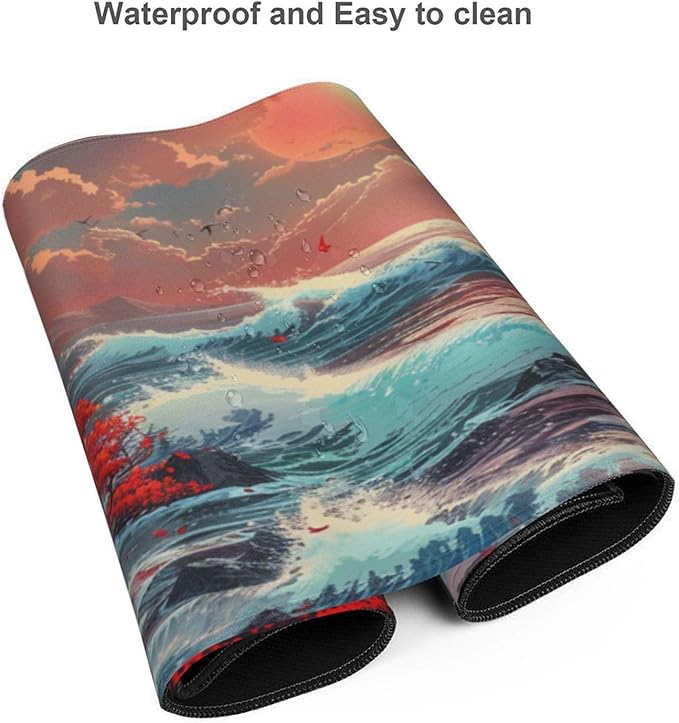 XXXL Japanese Sea Wave Desk Mat 48"x24" - Full Desktop Protector & Non-Slip Gaming Mouse Pad with 3mm Thick Base & Stitched Edge for Dual Monitors, Office & Home