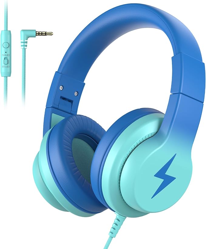 Candy Bila Kids Headphones, Wired Headphones for Kids with Microphone, 85/94dB Volume Limiter Headphone for Girls Boys, Foldable Headphone for Online Study, Gradient Blue