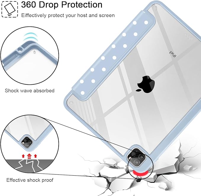 Tuiklol for iPad Pro 11 Inch 4th / 3rd / 2nd / 1st Gen (2022 2021 2020 2018) Case -Built-in Pencil Holder Shockproof Cover Clear Transparent Back Shell with Auto Wake/Sleep, Spot-Blue