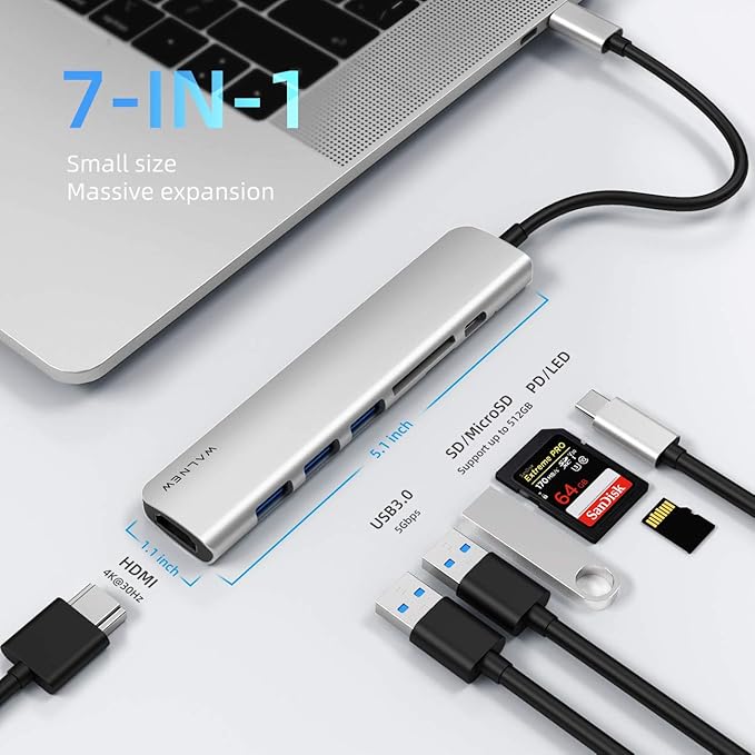 WALNEW 7-in-1 USB C Hub with 100W PD,4K HDMI,SD/TF Reader,USB 3.0, Thunderbolt 3 Dongle Multiport Adapter Type C Dock for Mac/iMac/MacBook M1 M2,iPad Pro/Air/Mini 6,Dell XPS 15 13,Chromebook Laptop