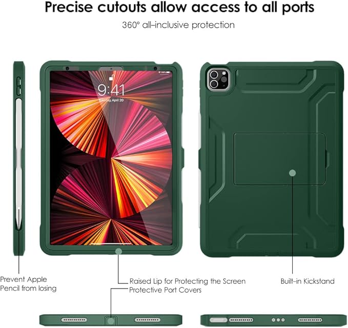 DTTO for iPad Pro 11 inch Case 2022(4th Gen)/2021(3rd Gen), [Screen Protector] Dual Layer Full Body Protection Cover with Pencil Holder, Also Fit iPad Pro 11'' 2020&2018/iPad Air 5/Air 4 - Green