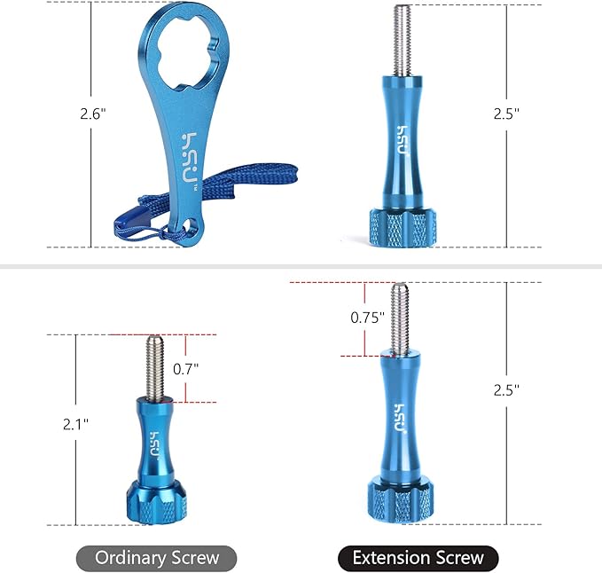 HSU Aluminum Alloy Extension Long Thumbscrews + Wrench for Gopro Hero 13, 12, 11, 10, 9, 8, 7, 6, 5, 4, Compatible with GoPro Media Mod, AKASO Campark and Other Action Cameras (Blue)