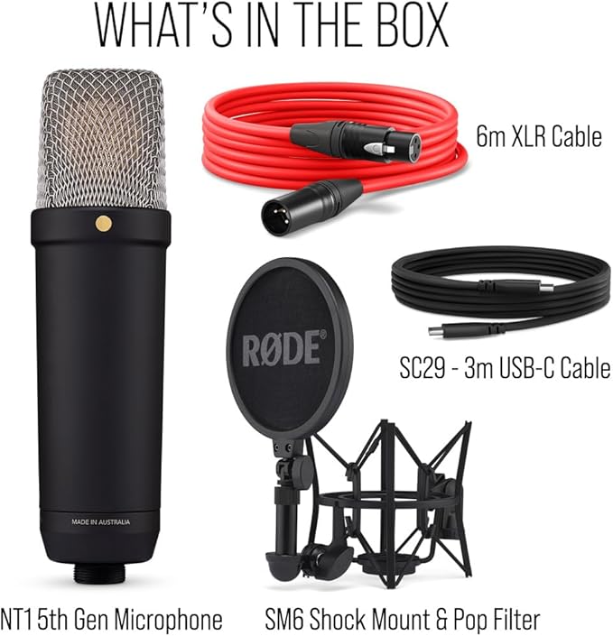 RØDE NT1 5th Gen Large-Diaphragm Studio Condenser Microphone - XLR & USB Outputs - Shock Mount & Pop Filter Included - Music Production, Vocal Recording, Podcasting - Black - Professional Audio