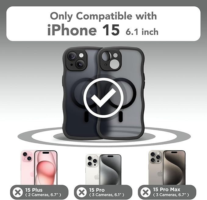CAPRARO Cute for iPhone 15 Case, Compatible with MagSafe, [Curly Wave Edge] [Full Camera Protection] [14 FT Drop Protection] Magnetic Phone Case for 15 6.1 Inch, Black
