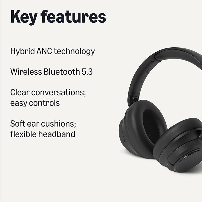 Amazon Basics Hybrid Active Noise Cancelling Headphones, Wireless Bluetooth 5.3, 35 Hours Battery Life with ANC On, 45 Hours with ANC Off, Over Ear Comfortable Fit with Soft Ear Cushions, Black