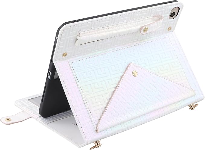 Shiny Case for iPad mini 5/4/3/2/1, Mini 7.9" Handbag Case, Techcircle Iridescent PU Leather Folio Envelope Pocket Stand Cover with Hand Strap+Shoulder Strap+Pencil Holder+Card Slots, Shiny White