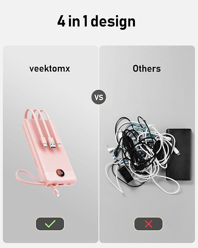 VEEKTOMX Portable Charger Built-in Cables, Power Bank for iPhone, Fast Charge USB C Battery Pack Travel Essentials Powerbank Compatible with iPhone 17/16/15/14, Samsung S25/24
