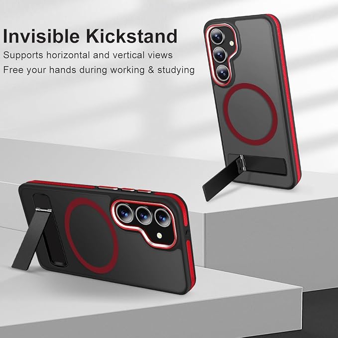 MALEWOLF Case for Galaxy S23 FE with 3 Modes Stand, Compatible with Magsafe, Color Collision Shockproof Case with Anti-Slip Strip, Matte Translucent Magnetic Case for Galaxy S23 FE (Black/Red)