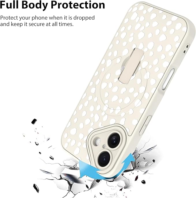 KANGHAR Compatible with iPhone 16 Case, Support for MagSafe, Silicone Speck Leopard Cute Pattern, Wristband Kickstand Camera Protection Soft Slim Cover for Girls Women -White