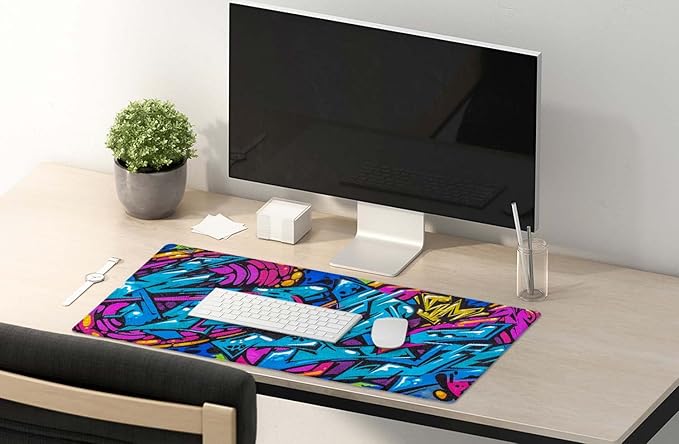 SSOIU Extended Gaming Mouse Pad - Non-Slip Water-Resistant Rubber Base Computer Keyboard Mouse Mat, 35.5 x 15.7-inch XX-Large Desk Mat, Ideal Partner for Work & Game, Beautiful Street Art Graffiti