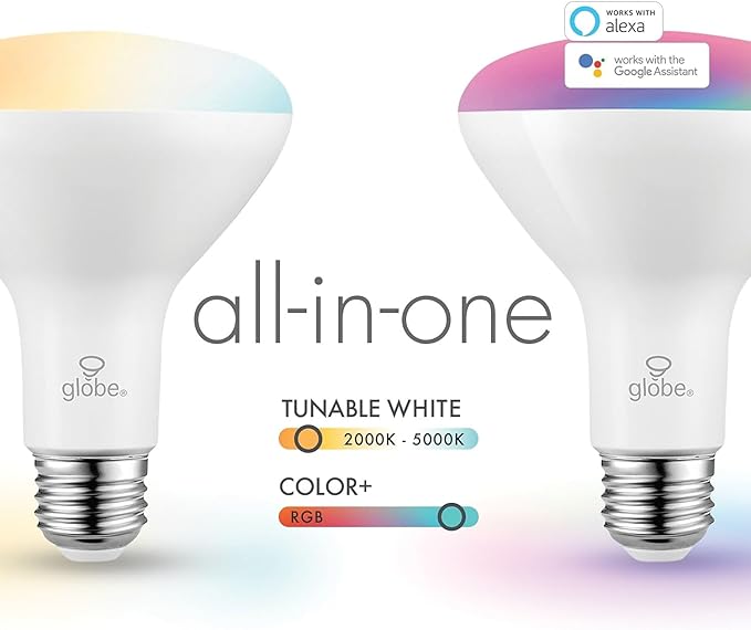 Globe Electric Wi-Fi Smart 10 Watt (65W Equivalent) Multicolor Changing RGB Tunable White Frosted LED Light Bulb, No Hub Required, Voice Activated, 2000K - 5000K, BR30 Shape, E26 Base,50035