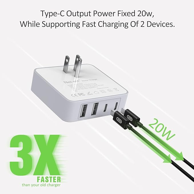 Nekmit USB C Charger, 52W 4-Port Thin Flat Fast Wall Charger with 6.6FT USB-C to Lightning Cable, Two 20W Power Delivery and 2 USB Port for iPhone 13/13 Pro/13 Pro Max, iPad Pro, AirPods Pro