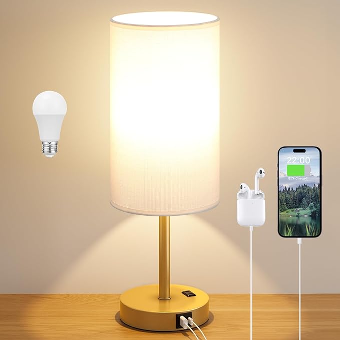 Dicoool Touch Bedside Table Lamp with USB - 3 Way Dimmable Gold Lamp for Bedroom Nightstand, Desk Lamp with Charging Station for Dorm, Office, Kids Room, Living Room