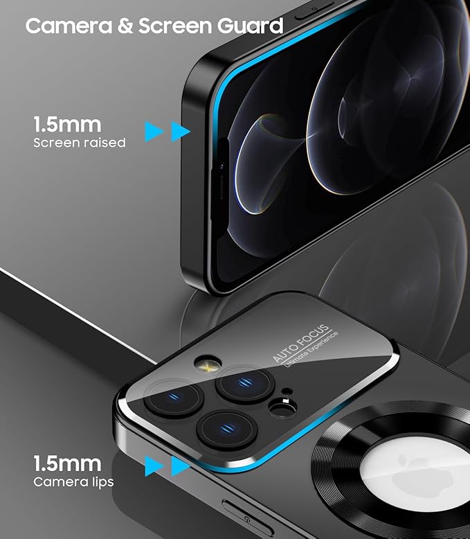 MAKAVO Magnetic for iPhone 12 Pro Max Case, Compatible with MagSafe, Built-in Camera Lens Protector, Logo View, Military Grade Drop Proof Phone Case Cover, Black