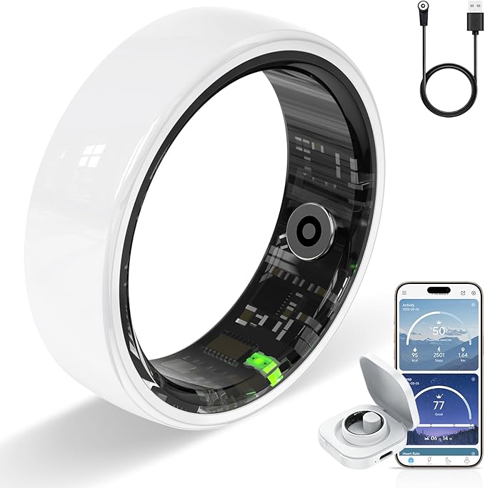 Smart Ring, Ceramics Fitness Tracker & Health Monitoring Ring with Heart Rate Sleep Tracking, Multi-Sport Activity Tracker, 5ATM Waterproof, iOS Android Compatible(White, 9)