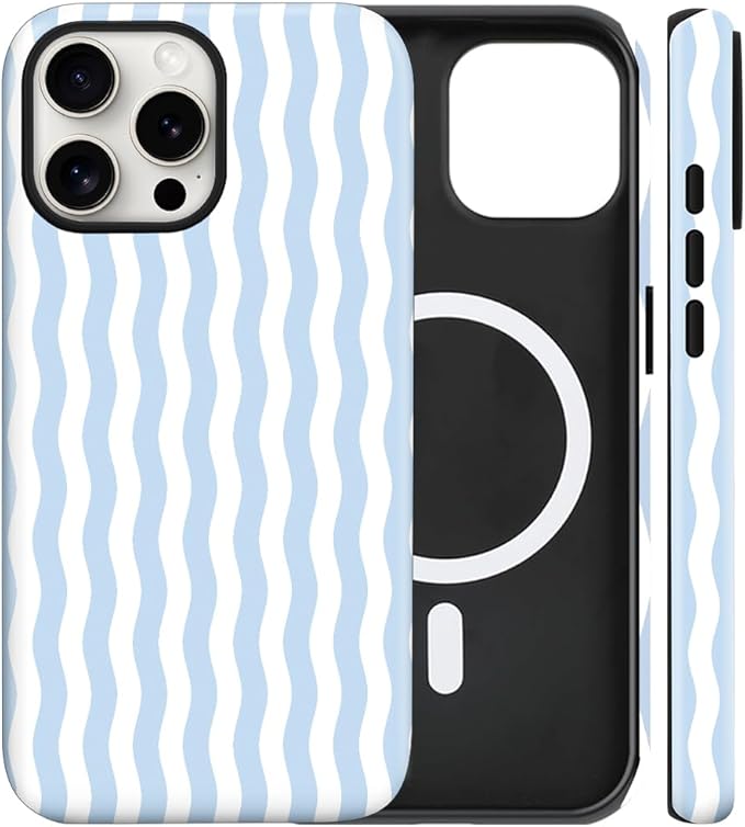 Magnetic for iPhone 15 Pro Max Case Cute Wavy Stripes Phone Case, Shockproof Slim TPU and Hard PC Protective Phone Cover Compatible with MagSafe Designed for Women Girls, Blue