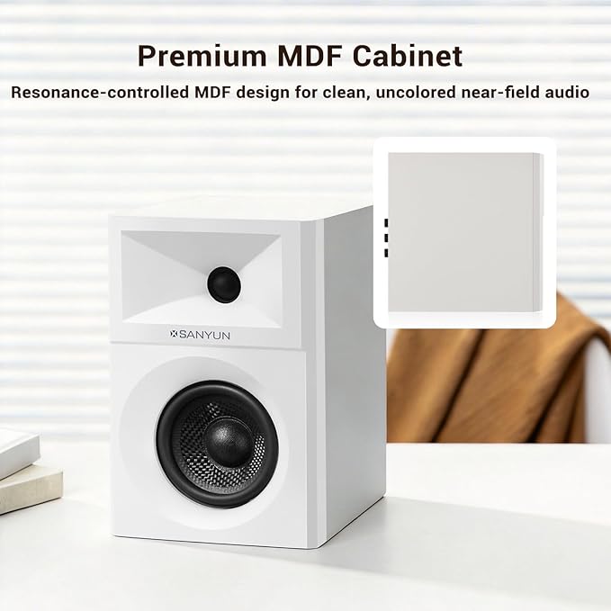 Sanyun SW203 2.0 Desktop Computer Speakers - Near-Field 3D Stereo with Vertical Imaging - 60W Triple-DSP Dual Independent Drive - 24bit USB-C DAC Bluetooth 5.4 AUX, HiFi PC Gaming (Pair, White)
