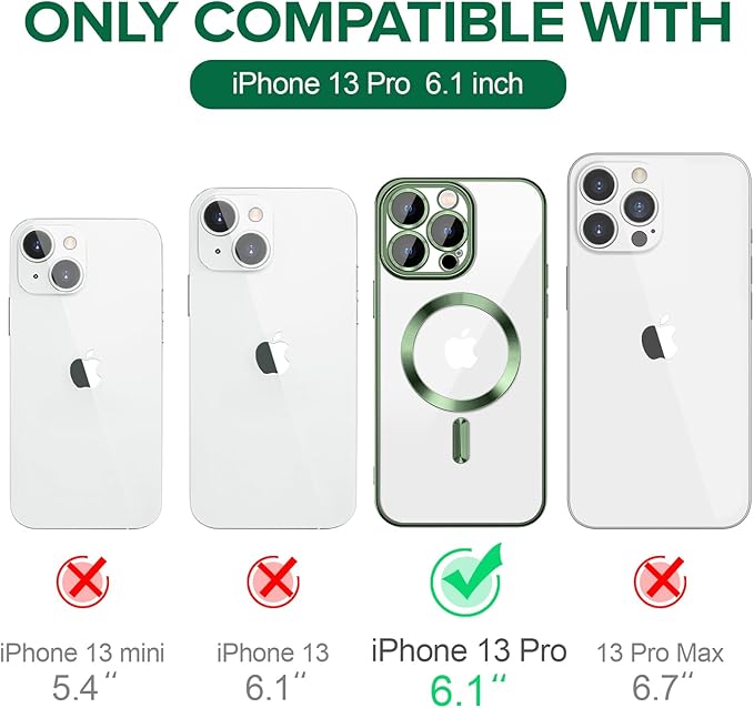 Hython Magnetic Clear for iPhone 13 Pro Case with Camera Lens Protector [Compatible with MagSafe] Luxury Plating Edge Slim Soft TPU Cover Protective Phone Case for iPhone 13 Pro 6.1", Deep Green