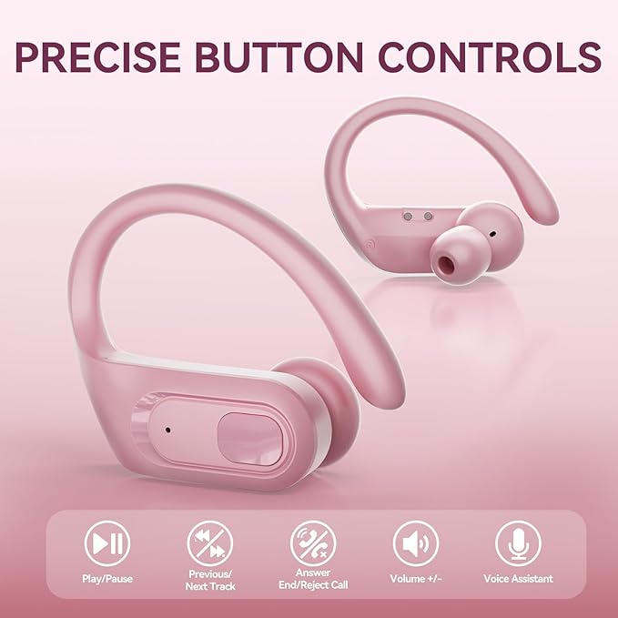occiam Active Noise Cancelling Wireless Earbuds Bluetooth Headphones Ear Buds 96Hrs Playback Clear Call Waterproof Earphones with Ear Hook Microphones for Sport Running Pink