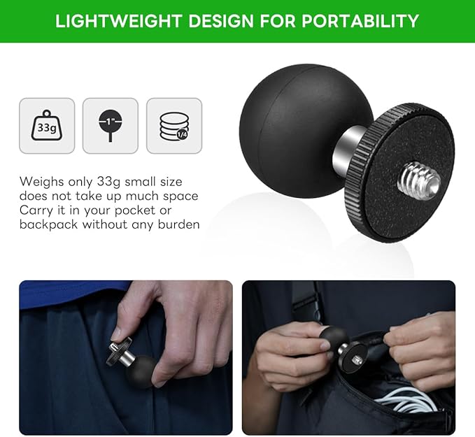 FANAUE GB-02 Aluminum 1" Ball Adapter with 1/4"-20 Threaded Stud for Action Camera, Compatible with RAM Mount B Size Socket Arm Phone Holder Motorcycle Riding Photography Sports