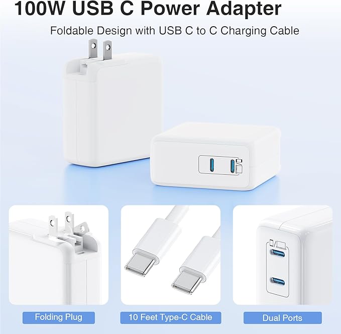 Mac Book Pro Charger and 10ft Type C to C Cable Cord Long,100W USB C Fast Charging Power Adapter for MacBook Pro/Air 16 15 14 13 inch/2025 2024 2023 2022 2021/M5 M4 M3 M2M1/Laptop,iPad,iPhone 17 16 15