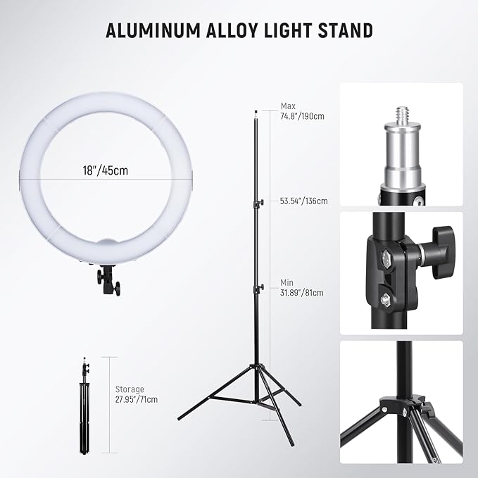NEEWER 18 Inch/45cm LED Ring Light with Tripod Stand, Phone Holder, 58W 5600K Large Selfie Ringlight Compatible with iPhone Camera for Streaming Makeup Studio Photo Video Recording Filming, RL-18